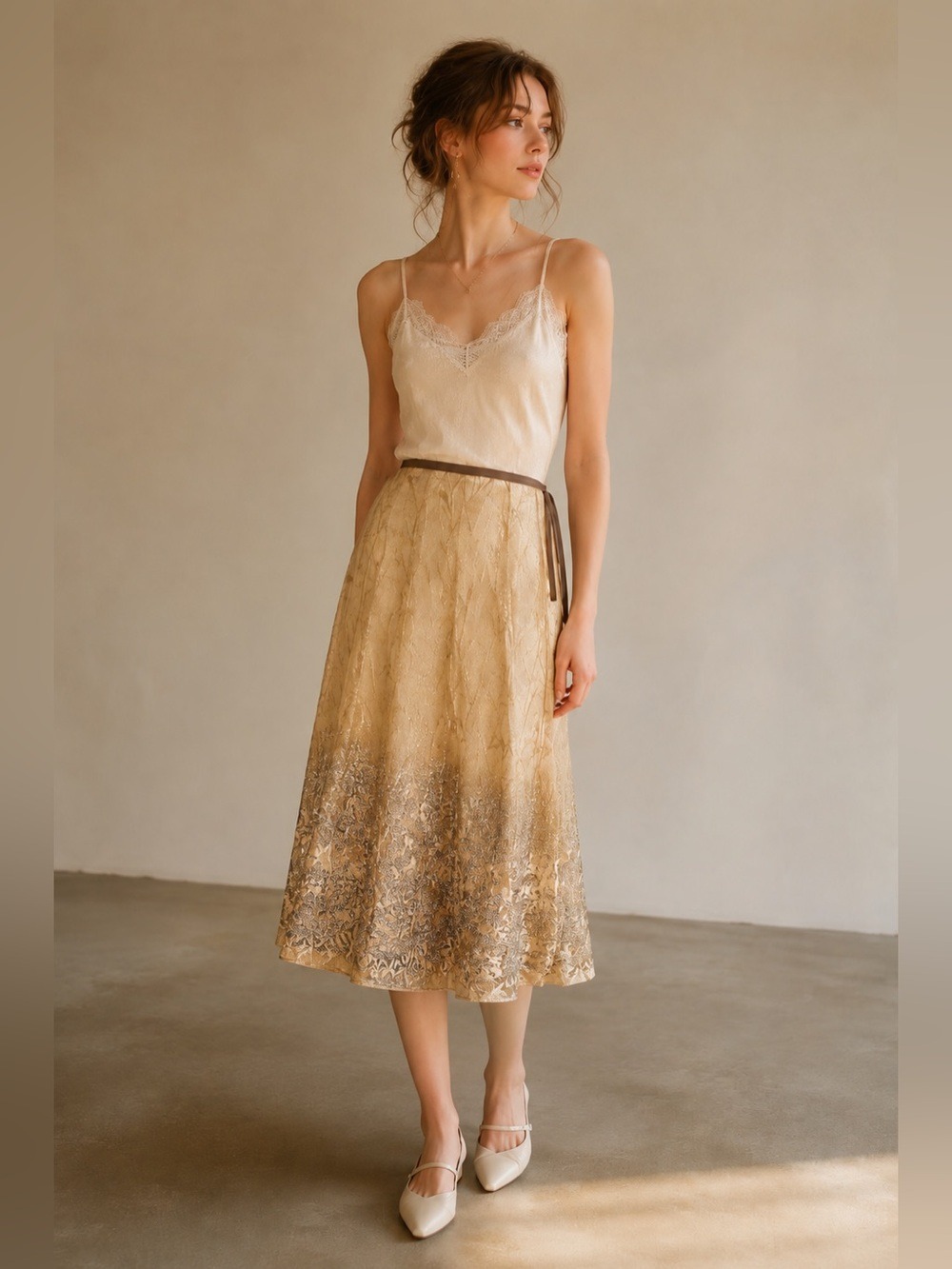 Gold Beige Ombre Lace Overlay Midi Skirt XS-Small Romantic Evening